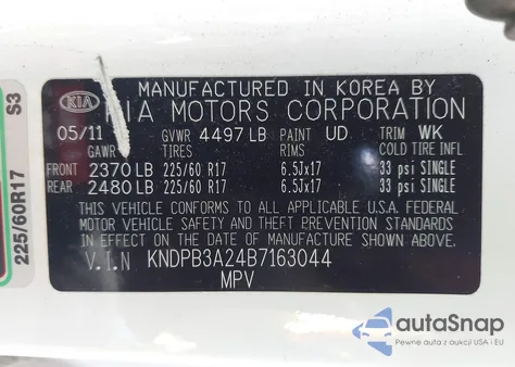 2011 Kia Sportage Lx z USA, uszkodzony, nr VIN KNDPB3A24B7163044